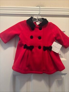 NWT Starting Out Red Pea Coat with Black Trim and Bows